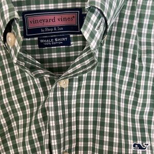 Vineyard Vines Green Gingham Check Whale Shirt, Medium, 100% Cotton
